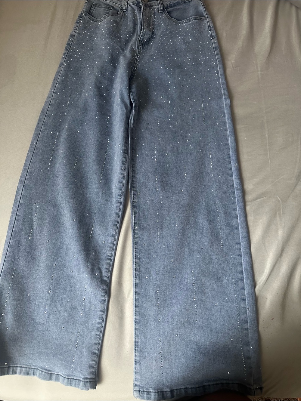 St. Nicholas Square Light Blue Rhinestone Wide-Leg Jeans
